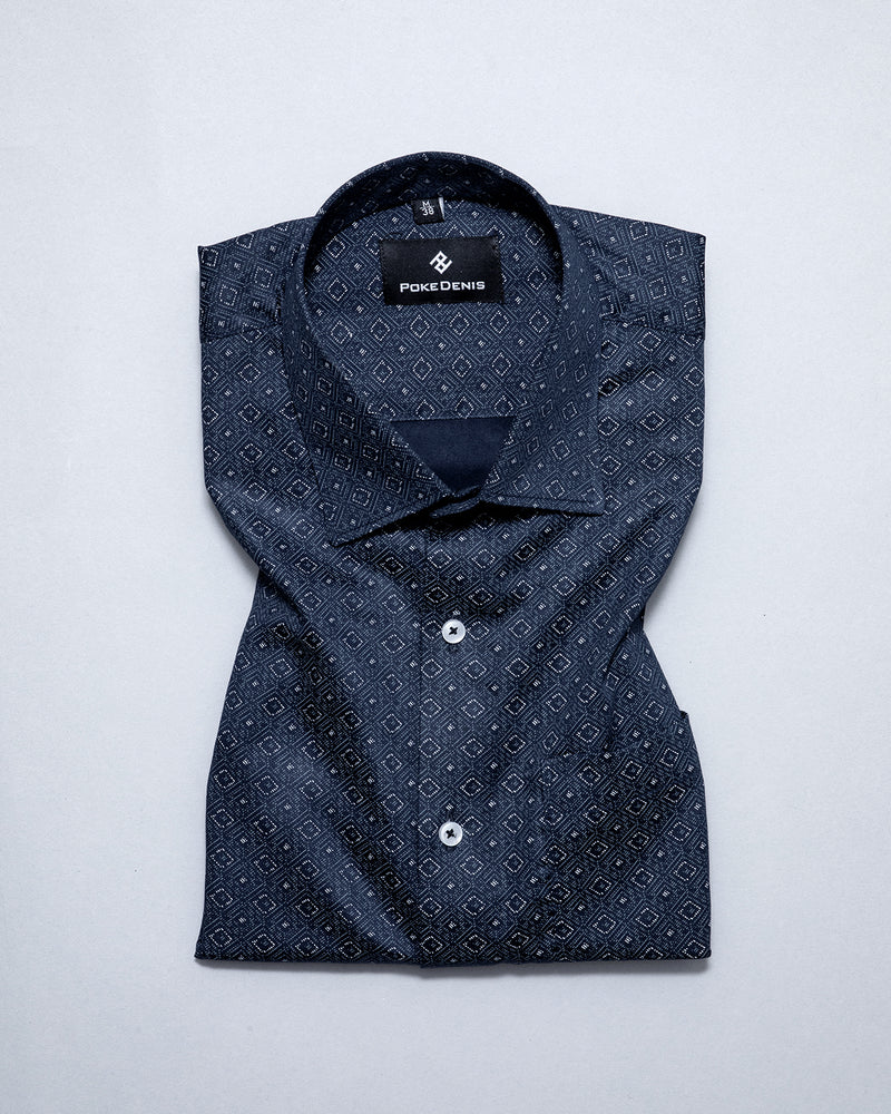 MIRAGE NAVY BLUE PRINTED ROYAL OXFORD COTTON SHIRT