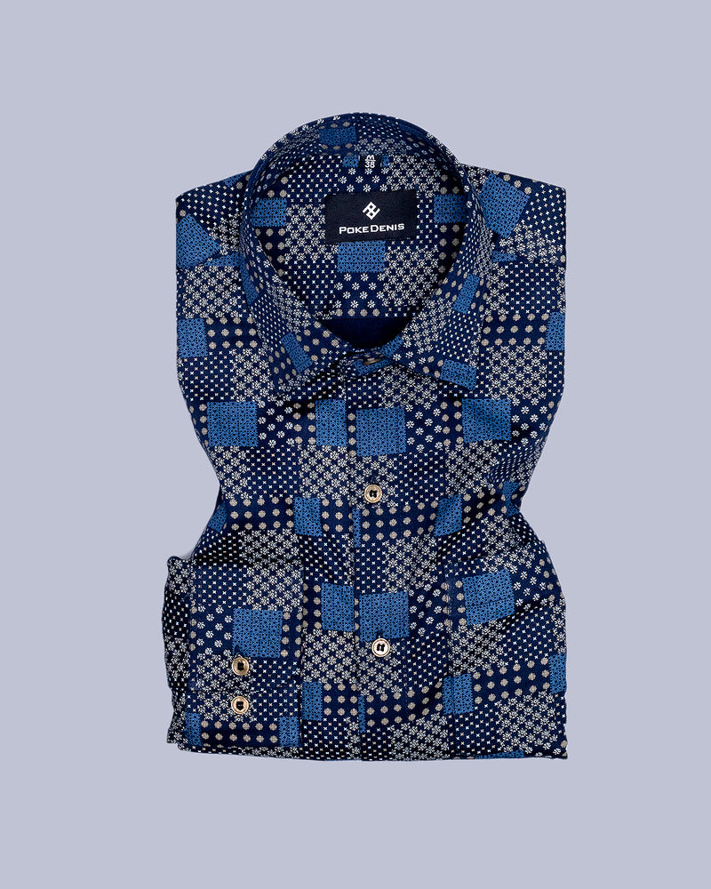 BLUE WITH MULTICOLOUR SQUARE  PRINTED SOFT COTTON SHIRT