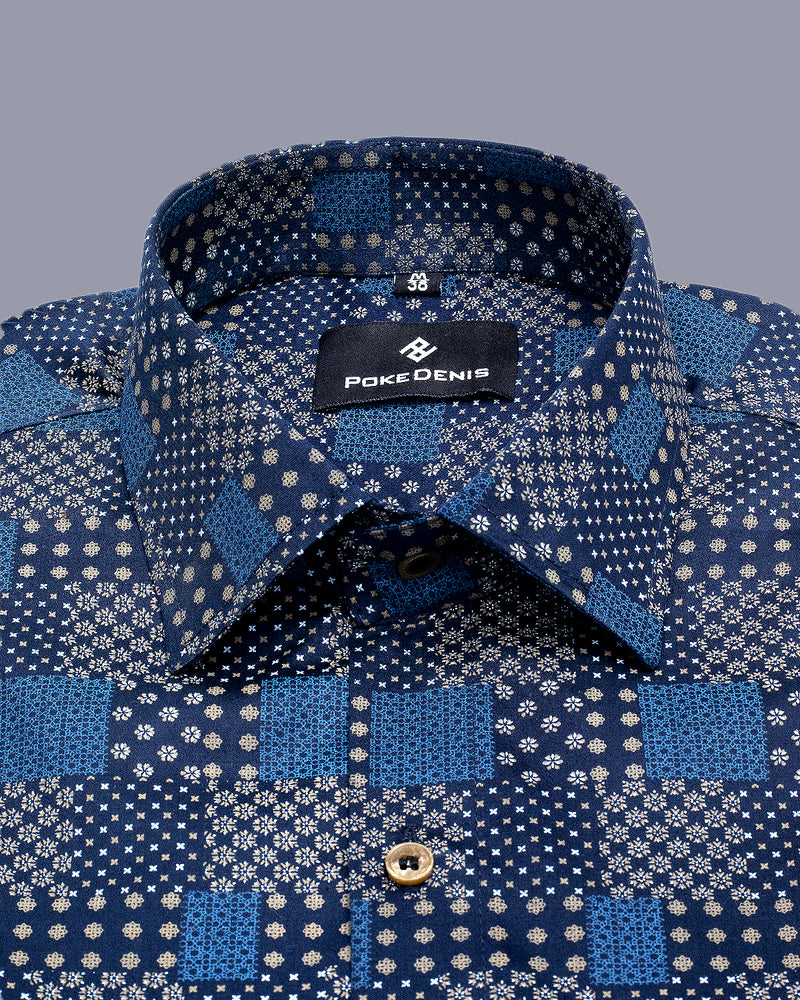 BLUE WITH MULTICOLOUR SQUARE  PRINTED SOFT COTTON SHIRT