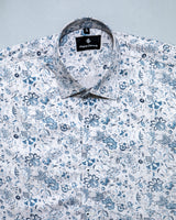 BRIGHT WHITE WITH MARINER BLUE DISTY FLORAL DOBBY TEXTURED PREMIUM GIZA COTTON SHIRT