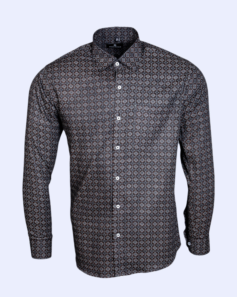 BROWN WITH GRAY ANCIENT GEOMETRICAL PRINTED COTTON SHIRT