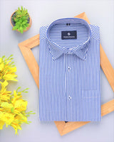 BRIGHT WHITE  WITH BLUE STRIPED SOFT COTTON SHIRT