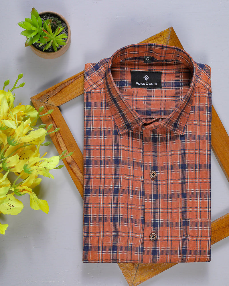 Dark Orange With Blue Plaid Soft Cotton Shirt